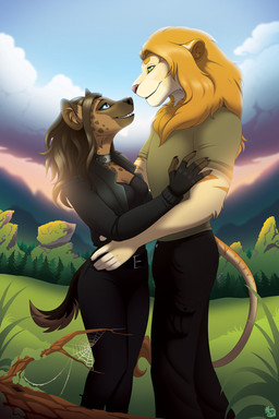 5_fingers anthro black_nose bottomwear breasts brown_body brown_fur brown_hair clothed clothed_anthro clothed_female clothed_male clothing duo fangs female fingerless_gloves fingers fur gloves hair handwear humanoid_hands interspecies male male/female mane markings orange_mane pants shirt smile spots spotted_body spotted_fur tan_body tan_fur teeth topwear kete felid hyena lion mammal pantherine hi_res