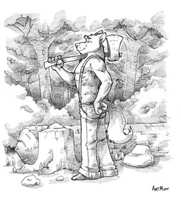 anthro axe clothed clothing detailed_background lumberjack male melee_weapon muscular muscular_anthro muscular_male plant pose solo tail toony topless tree weapon weapon_on_shoulder wood k-9 canid canine canis domestic_dog mammal black_and_white detailed monochrome