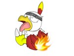 4:3 ambiguous_gender bandai_namco burning butt butt_on_fire digimon digimon_(species) feathers fifybear fire hand_on_butt hasbro hawkmon open_mouth pain simple_background solo tail tail_feathers tongue tongue_out
