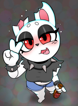 3_toes 4_fingers alcohol anthro barefoot beer beer_bottle belt beverage big_breasts black_belt black_clothing black_eyebrows black_nose black_shirt black_topwear blue_bottomwear blue_clothing blue_shorts blush bottle bottomwear bracelet breasts bubble clothed clothed_anthro clothed_female clothing collar container crop_top denim denim_bottomwear denim_clothing denim_shorts drunk drunk_bubble eyebrows feet female female_anthro fingers flesh_fang fur gesture glistening glistening_eyes half-closed_eyes hand_gesture high-angle_view holding_beer holding_bottle holding_container holding_object jewelry narrowed_eyes open_mouth pink_inner_ear pink_tongue pupils red_eyes shirt shorts solo spiked_bracelet spiked_collar spikes standing substance_intoxication toes tongue topwear torn_ear torn_sleeves v_sign white_body white_ears white_eyebrows white_fur dedreds trash_bun_(dedreds) lagomorph leporid mammal rabbit 2026 hi_res