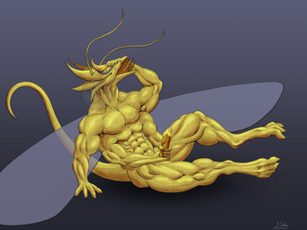 4_arms abs antennae_(anatomy) anthro biceps bodily_fluids calf_muscles compound_eyes digitigrade edging erection genital_fluids genitals glowing glowing_eyes gradient_background hamstrings hand_on_face hand_on_floor hand_on_head head_crest head_spikes looking_pleasured male mandibles masturbation multi_arm multi_limb muscular muscular_anthro muscular_arms muscular_legs muscular_male muscular_thighs neck_muscles obliques open_mouth pecs penis precum quadriceps sharp_teeth simple_background sitting sitting_on_ground smooth_skin smooth_tail solo spikes spikes_(anatomy) tail tapering_tongue teeth tongue wings yellow_body yellow_eyes voka earthward_bound kalrin arthropod insect hi_res signature watermark