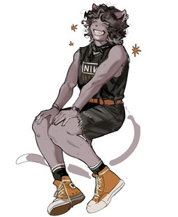 anthro belt bottomwear bracelet brown_hair clock clothing denim denim_bottomwear denim_clothing denim_shorts dipstick_tail ear_piercing ear_ring emanata eyes_closed footwear grey_body grey_skin hair hands_on_legs highlights_(coloring) jewelry kerchief legs_together long_tail male markings piercing ring_piercing shoes short_hair shorts simple_background sitting sleeveless_shirt smile sneakers socks solo tail tail_markings text text_on_clothing watch white_highlights wristwatch ddcrushh converse dylan_(ddcrushh) ambiguous_species canid canine felid feline mammal digital_drawing_(artwork) digital_media_(artwork) hi_res trans_(lore) trans_man_(lore)
