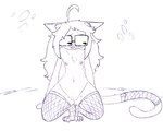 anthro blush bodily_fluids clothing embarrassed eyewear female genitals glasses kneeling lingerie looking_aside mostly_nude nude presenting presenting_pussy pussy solo spread_legs spreading sweat tail the_weaver felid feline mammal alternate_version_at_source hi_res sketch