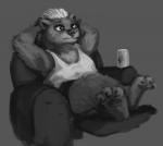 anthro badger can chair clothed clothing container disney female flakjackal furniture greyscale honey_badger honey_badger_(zootopia) mammal monochrome mustelid musteline reclining shirt solo tank_top topwear zootopia