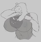 anthro areola big_breasts blush breasts cleavage clothed clothing delta_rune_(emblem) female fur horn looking_at_viewer mature_female navel nipple_outline simple_background smile solo symbol symbol_on_clothing amadchief undertale undertale_(series) toriel boss_monster_(undertale) bovid caprine mammal 2024 absurd_res digital_media_(artwork) hi_res monochrome