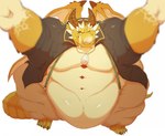 2_horns 5_toes anthro belly big_belly black_clothing black_shirt black_topwear blurred_foreground bottomwear broken_tusk claws clothed clothing feet horn jewelry male moobs necklace obese obese_anthro obese_male one_eye_closed open_clothing open_shirt open_topwear overweight overweight_anthro overweight_male pants red_eyes shirt simple_background solo suspenders tail tan_bottomwear tan_clothing tan_pants thick_thighs toes topwear tusks white_background wings yellow_body opblaaskrokodil lifewonders mythology tokyo_afterschool_summoners ophion_(tas) dragon mythological_creature mythological_scalie scalie