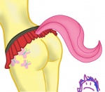 ambiguous_gender anthro anthrofied bottomwear butt clothed clothing cutie_mark fur hair no_underwear pink_hair raised_tail simple_background skirt solo tail white_background yellow_body yellow_fur mspaintponies friendship_is_magic hasbro my_little_pony fluttershy_(mlp) equid equine horse mammal pony