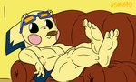 anthro clothing eyewear eyewear_on_head feet foot_focus glasses glasses_on_head male purple_clothing purple_underwear short smoking soles solo underwear usury40 nintendo pokemon generation_2_pokemon pichu pokemon_(species) flat_colors hi_res