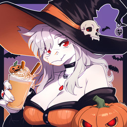 5_fingers anthro big_breasts black_collar bone breasts cleavage closed_smile clothed clothing collar dairy_products female female_anthro fingers food fruit fully_clothed hair hat headgear headwear holding_glass holding_object holidays jack-o'-lantern jewelry long_hair looking_at_viewer mouth_closed necklace non-mammal_breasts orange_background plant pumpkin purple_background red_eyes ring simple_background skull smile snout solo text whipped_cream white_body white_hair white_skin witch_hat cira_shan halloween mythology ambient_bat dragon mythological_creature mythological_scalie scalie 1:1 2025 artist_name digital_media_(artwork) half-length_portrait hi_res portrait