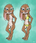 anthro bikini blowing_kiss blue_eyes breasts brown_body brown_fur clothing female fur genitals green_eyes heterochromia nude pussy solo stripes swimwear two-piece_swimsuit ziegelzeig bad_guy_cafe jake_thumpings lagomorph leporid mammal rabbit hi_res