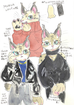 anthro belt bottomwear clothed clothing female fur jacket jewelry necklace open_mouth pants pawpads pink_nose simple_background solo sweater text topwear whiskers kyokyota felid feline felis lynx mammal 2022 absurd_res hi_res japanese_text multiple_scenes traditional_media_(artwork)