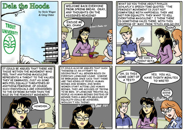 black_hair blonde_hair book breasts classroom clothed clothed_female clothed_male clothing dialogue eyewear female glasses group hair human_only male not_furry orange_hair school shirt text topwear trio style_wager dela_the_hooda sue_chan_(dela_the_hooda) human mammal 2003 comic english_text