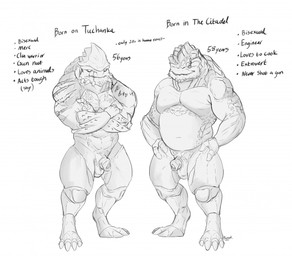 4_balls balls crossed_arms duo facial_scar flaccid foreskin genitals hands_on_hips looking_at_viewer male multi_balls multi_genitalia musclegut muscular muscular_male nude one_eye_closed penis scar spikes standing text wink winking_at_viewer burrserk bioware electronic_arts mass_effect alien krogan english_text monochrome