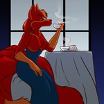 anthro beverage black_nose breasts cake dessert featureless_breasts female food fur multi_tail red_body red_fur solo tail tea foxenawolf molly_fullin canid canine dreamspinner fox mammal 1:1