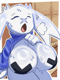 anthro big_breasts blue_clothing blue_sweater blue_topwear bodily_fluids border bottomless breasts clothed clothing eyelashes eyes_closed facial_scar female floppy_ears front_view fur huge_breasts lop_ears open_mouth pasties raised_clothing raised_sweater raised_topwear scar solo sweat sweatdrop sweater thick_thighs topwear white_body white_border white_fur wide_hips mugenarchive cave_story sue_sakamoto lagomorph mammal mimiga 3:4 hi_res