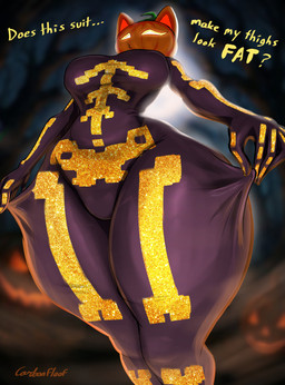 anthro bodysuit bone breasts clothing clothing_pull dialogue female food for_a_head fruit huge_thighs looking_at_viewer low-angle_view plant pumpkin pumpkin_head skeleton skinsuit solo talking_to_viewer text thick_thighs tight_clothing wide_hips carbonfloof epic_games fortnite spice_(fortnite) domestic_cat felid feline felis food_creature mammal object_head absurd_res english_text hi_res signature