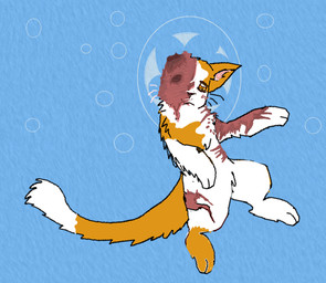 :< ambiguous_gender anime_eyes big_scar bite_mark blush blush_lines bubble digitigrade eye_scar eyeless facial_scar feral fluffy long_tail paws scar scars_all_over simple_background solo tail whiskers allycatboom warriors_(book_series) brightheart_(warriors) felid feline mammal digital_drawing_(artwork) digital_media_(artwork)