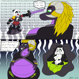 anthro black_body black_fur black_skin comic_panel dark_body dark_skin dichromatic_eyes female fur green_eyes holding_melee_weapon holding_object holding_sword holding_weapon intersex melee_weapon profanity purple_underbelly sword text vore weapon white_body white_fur dirtymac instant_loss_2koma mythology desidia_esuries bear dragon giant_panda mammal mythological_creature mythological_scalie scalie 1:1 absurd_res comic english_text hi_res