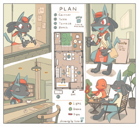 ambiguous_gender anthro apron baking beverage blue_body blush cafe chair clothing container cooking cup detailed_background duo eyes_closed food furniture hat headgear headwear kerchief map neckerchief neckwear open_mouth open_smile orange_body pokeball pokeball_clothing pokeball_kerchief pokeball_neckerchief pokeball_neckwear pokeball_symbol red_eyes scarf sitting smile standing table teeth text tongue momota_pen nintendo pokemon pokemon_cafe_remix charmander generation_1_pokemon generation_4_pokemon lucario pokemon_(species) 2020 english_text hi_res