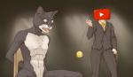 anthro ballbusting bodily_fluids chair clothed clothed/nude clothed_male clothing cock_and_ball_torture demonetization duo for_a_head furniture genital_torture humor male muscular muscular_male nude personification suit sweat 9x9 youtube domestic_cat felid feline felis humanoid mammal object_head hi_res