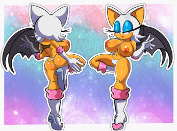 anthro bedroom_eyes big_breasts big_butt blush breasts butt camel_toe clothed clothing female huge_breasts looking_aside mostly_nude narrowed_eyes navel nipples seductive solo thick_thighs thong topless underwear wide_hips demichan sega sonic_the_hedgehog_(series) rouge_the_bat bat mammal hi_res