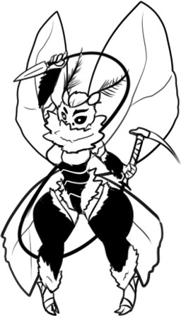 antennae_(anatomy) anthro female melee_weapon polearm scythe simple_background solo weapon white_background wings unknown_artist arthropod insect lepidopteran moth low_res monochrome