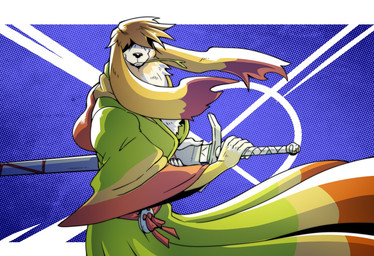 anthro asian_clothing belt claws clothing east_asian_clothing fur hair hidden_eyes holding_melee_weapon holding_object holding_scabbard holding_sword holding_weapon japanese_clothing kimono long_ears looking_at_viewer male melee_weapon mouth_closed obscured_eyes scabbard solo sword weapon reagan700 breath_of_fire capcom scias canid canine canis domestic_dog mammal 2026 hi_res