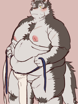 anthro belly_hair big_butt bodily_fluids body_hair bottomwear brown_body brown_fur brown_hair butt chest_hair clothing deep_navel dressing_self fat_arms fat_face fupa fur hair inverted_nipples loincloth male navel nipples null obese obese_male one_eye_closed overweight overweight_male scar small_clothes solo sweat thick_thighs white_body white_fur white_hair yellow_eyes umyuta lifewonders tokyo_afterschool_summoners horkeu_kamui_(tas) canid canine canis mammal wolf 3:4 absurd_res hi_res