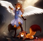 2022 adobe_photoshop_(artwork) angel anthro barefoot black_body black_fur blue_eyes blush canid canine chain chain_leash clothed clothing collar collar_only colored conditional_dnp demon digital_media_(artwork) digitigrade dominant dominant_anthro dominant_female dress duo feathered_wings feathers feet female foot_on_head fox fur gloves_(marking) halo hi_res holding_leash holding_melee_weapon holding_object holding_sword holding_weapon horn keidran laura_(twokinds) leash leg_markings lying mammal markings melee_weapon multicolored_body multicolored_fur nude on_front orange_body orange_fur red_eyes red_fox smile socks_(marking) square_crossover submissive submissive_anthro submissive_female sword text tom_fischbach true_fox twokinds url weapon white_body white_feathers white_fur wings