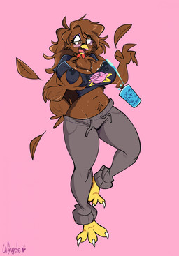 anthro beak beverage big_breasts bottomwear breasts brown_body brown_feathers brown_hair clothing eyewear feathers feet female glasses hair hand_on_breast implied_breast_expansion implied_transformation loose_feather on_one_leg pants pink_background shirt simple_background solo standing surprised talons toes topwear wet wet_clothing la-frugele avian bird chicken galliform phasianid 2023 digital_media_(artwork) hi_res