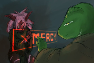 anthro arawegh black_sclera bodily_fluids clothed clothing crying dagger darkness duo elkator eyes_closed female hair long_hair male markings melee_weapon pink_eyes pink_hair robe scar simple_background smile standing tattoo tears weapon cainethelongshot dungeons_and_dragons hasbro undertale undertale_(series) wizards_of_the_coast dark_elf drow elf humanoid lizard mammal reptile scalie sketch