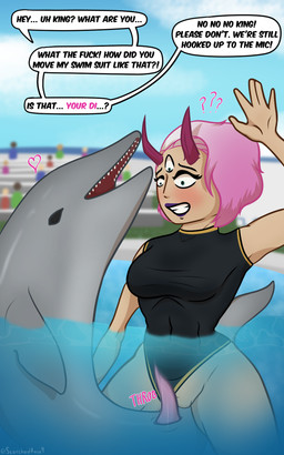 3_eyes animal_genitalia animal_penis bestiality blush breasts clothing exhibitionism explicitly_stated_nonconsent female female_on_feral feral genitals gradient hair horn male male/female medium_breasts multi_eye one-piece_swimsuit onomatopoeia penis pink_hair profanity public public_sex risky_sex sex short_hair side_shave sound_effects speech_bubble swimming_pool swimsuit_only swimwear tail text thrust_lines thrusting scorchedrose9 terebi aquatic cetacean dolphin humanoid mammal toothed_whale 5:8 english_text hi_res