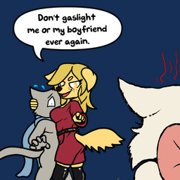 angry belt blonde_hair blue_eyes bodily_fluids boots bow_ribbon cheek_tuft clothing eyelashes facial_tuft female footwear freckled_face freckles fur grey_body grey_fur hair head_against_breasts high_heeled_boots high_heels humor long_eyelashes long_hair looking_at_another male mostly_nude nervous nervous_sweat scarf scarf_only shoes sweat sweatdrop tan_body tan_fur text tuft yellow_eyes trashbadger bittersweet_candy_bowl don't_talk_to_me_or_my_son_ever_again fan_character lucy_(bcb) mike_(bcb) bird_dog canid canine canis domestic_cat domestic_dog felid feline felis golden_retriever hunting_dog khao_manee korat_cat mammal retriever 1:1 alpha_channel colored english_text meme tagme