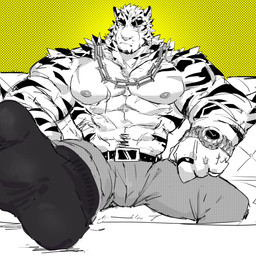 anthro barazoku black_clothing black_footwear black_socks bottomwear chain clock clothed clothing denim denim_bottomwear denim_clothing feet foot_focus footwear furniture jeans jewelry looking_at_viewer male male_anthro muscular muscular_anthro muscular_male necklace nipples one_foot_raised pants scar sitting socks sofa solo stripes topless topless_anthro topless_male watch arun_six arknights hypergryph studio_montagne mountain_(arknights) felid mammal pantherine tiger 1:1 absurd_res hi_res
