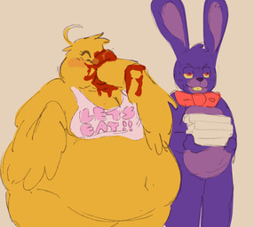 annoyed anthro bloated duo eating feathers female food fur male male/female messy overweight overweight_anthro overweight_female pizza purple_body purple_fur standing stuffing weight_gain yellow_body yellow_fur katabooz five_nights_at_freddy's scottgames bonnie_(fnaf) chica_(fnaf) avian bird chicken galliform lagomorph leporid mammal phasianid rabbit