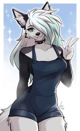 anthro biped blue_eyes breasts claws clothed clothed_anthro clothed_female clothing ear_piercing ear_ring female fingers front_view fur hair looking_at_viewer piercing ring_piercing simple_background solo standing tail teeth white_sclera fuvi canid canine canis mammal wolf 2026 absurd_res digital_drawing_(artwork) digital_media_(artwork) hi_res