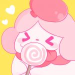 >3< ambiguous_gender candy dessert food heart_symbol holding_candy holding_food holding_lollipop holding_object lollipop simple_background solo tongue tongue_out yellow_background etoile_ci nintendo pokemon generation_6_pokemon pokemon_(species) slurpuff 1:1