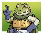 anthro armor belt belt_buckle blue_clothing blue_gloves blue_handwear buckle clothing gloves green_background green_body green_skin handwear hat headgear headwear male simple_background smile smiling_at_viewer solo dynogreeno chrono_trigger square_enix glenn_(chrono_trigger) amphibian frog absurd_res hi_res