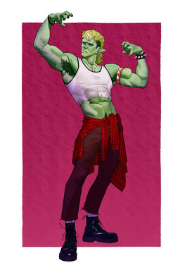 abs armpit_hair blonde_hair body_hair boots bottomwear clothed clothing crop_top footwear fully_clothed green_body green_skin hair happy_trail humanoid_pointy_ears male mullet muscular muscular_humanoid muscular_male navel not_furry pants pointy_ears shirt shoes simple_background solo topwear dovartkiin drawfee_(copyright) drawtectives gyorik_rogdul humanoid mammal orc digital_media_(artwork) hi_res