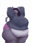 anthro belly belly_overhang big_belly black_hair breasts clothed clothing female hair hands_behind_head looking_at_viewer obese obese_anthro obese_female one_eye_closed overweight overweight_anthro overweight_female simple_background solo white_background emberwick camilla_(emberwick) mammal hi_res signature