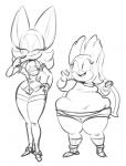 anthro belly big_belly breasts cleavage clothed clothing duo female obese overweight overweight_female thick_thighs wide_hips ultrahand sega sonic_the_hedgehog_(series) cream_the_rabbit rouge_the_bat bat lagomorph leporid mammal rabbit monochrome