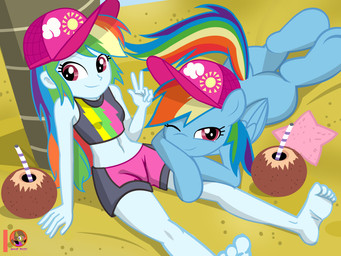 beach beverage clothed clothing coconut coconut_drink drupe_(fruit) duo female female/female feral food fruit gesture hand_gesture hat headgear headwear looking_at_viewer on_model outside plant seaside selfcest square_crossover swimwear v_sign wings moon_pearl succubi_samus equestria_girls friendship_is_magic hasbro my_little_pony mythology anon rainbow_dash_(eg) rainbow_dash_(mlp) equid equine horse human mammal mythological_creature mythological_equine pegasus pony 4:3 hi_res