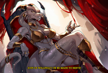 5_fingers accessory anthro armor athletic big_breasts bra bracelet breasts camel_toe chair claws clothed clothing female finger_claws fingers furniture glistening glistening_body glistening_scales gold_(metal) gold_bra gold_jewelry gold_panties horn jewelry legs_up looking_at_viewer looking_down looking_down_at_viewer narrowed_eyes navel navel_piercing nipple_outline non-mammal_breasts piercing pose red_curtains regalia ring royalty scales sitting skimpy small_waist smile smiling_at_viewer snaggle_tooth solo tail text thick_thighs throne throne_room torn_curtains unconvincing_armor underwear white_body wide_hips yellow_eyes kiliankuro mythology dragon mythological_creature mythological_scalie scalie 2025 english_text pinup signature
