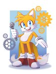 anthro blue_eyes clothing dipstick_tail footwear fur gloves handwear male markings mostly_nude open_mouth open_smile shoes smile solo tail tail_markings tools white_body white_fur wrench yellow_body yellow_fur h_huniii sega sonic_the_hedgehog_(series) miles_prower canid canine fox mammal 2022 3:4 hi_res signature