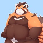 anthro belly big_belly black_nose blue_background blue_eyes brown_body kemono male moobs navel orange_body overweight overweight_male simple_background solo tai_tanuki tamacolle suruga_(tamacolle) ailurid mammal red_panda 1:1 2024 hi_res