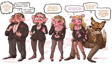 6_breasts age_difference anthro blonde_hair breasts cleavage clothed clothing dialogue duo eye_color_transformation female forced forced_transformation four_frame_sequence fox_tail gender_transformation hair hair_color_change human_to_anthro impregnation legwear mafia male mtf_transformation multi_breast older_male overweight overweight_male pig_nose pink_body pink_eyes pink_skin pregnant pregnant_female rapid_pregnancy species_transformation speech_bubble stockings suit text transformation transformation_sequence transformed_clothing bubbalossom canid canine domestic_pig fox human humanoid mammal suid suine sus_(pig) english_text hi_res