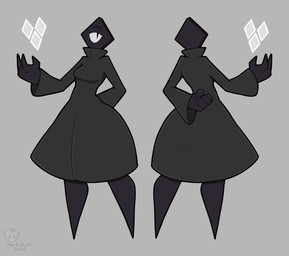 1_eye 4_fingers black_body black_clothing black_eyes black_robe black_skin breasts clothed clothed_female clothed_humanoid clothing featureless_legs female female_humanoid fingers front_and_back grey_background hand_behind_back medium_breasts not_furry robe simple_background solo standing text wide_hipped_female wide_hipped_humanoid wide_hips mehdrawings prisma_(fr0gv0re) humanoid shape_head 2025 absurd_res artist_name digital_media_(artwork) hi_res watermark
