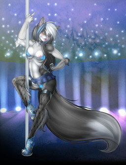 anthro biped bottomwear breasts clothed clothing dancing female fluffy fluffy_tail footwear gesture hand_gesture high_heels looking_at_viewer middle_finger panties platform_footwear platform_heels pole pole_dancing shoes skimpy skirt solo tail underwear yellow_eyes yuureikun canid canine fox mammal hi_res