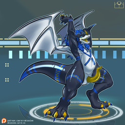 abstract_background anthro belly blue_eyes blue_hair glowing glowing_eyes hair looking_at_viewer male membrane_(anatomy) membranous_wings open_mouth slit_penis solo tail teeth_showing thick_tail thick_thighs three-quarter_view wings errokioslem bandai_namco digimon fan_character digimon_(species) 1:1 full-length_portrait hi_res portrait