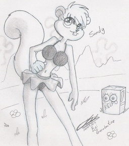 anthro being_watched bikini bottomwear bra clothed clothing duo female flower grass hands_on_hips looking_at_another male outside plant skirt smile standing swimwear tail text two-piece_swimsuit underwear garabatoz nickelodeon spongebob_squarepants sandy_cheeks spongebob_squarepants_(character) eastern_grey_squirrel grey_squirrel mammal rodent sciurid tree_squirrel 2007 dated english_text signature sketch traditional_media_(artwork)